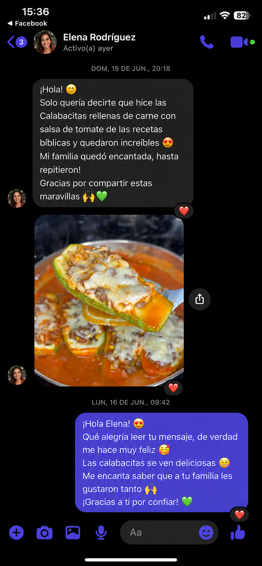Mensaje real de Elena Rodríguez sobre las calabacitas rellenas