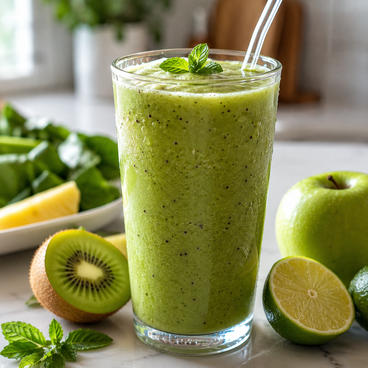 Jugo natural verde con kiwi, manzana y menta